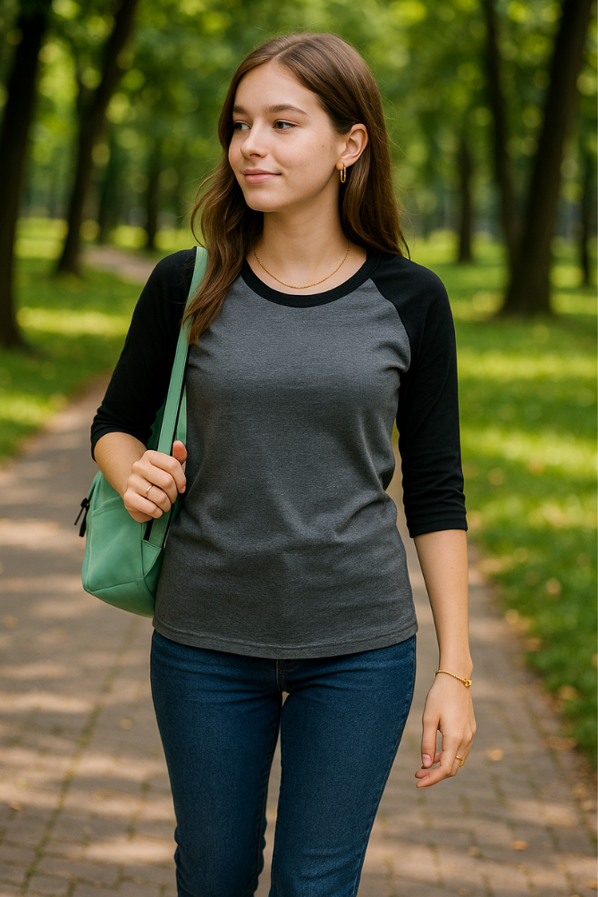 Zingleberry Women's Dark Grey and Black Raglan Sleeve T-Shirt – Casual Round Neck Tee for Everyday Wear