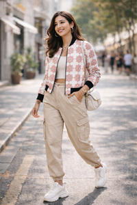 Zingleberry women’s geometric floral all-over print bomber jacket styled with beige cargos in a modern streetwear look