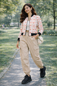 Zingleberry premium women’s bomber jacket with red heart all-over print on white base, styled with beige cargo pants for casual winter wear