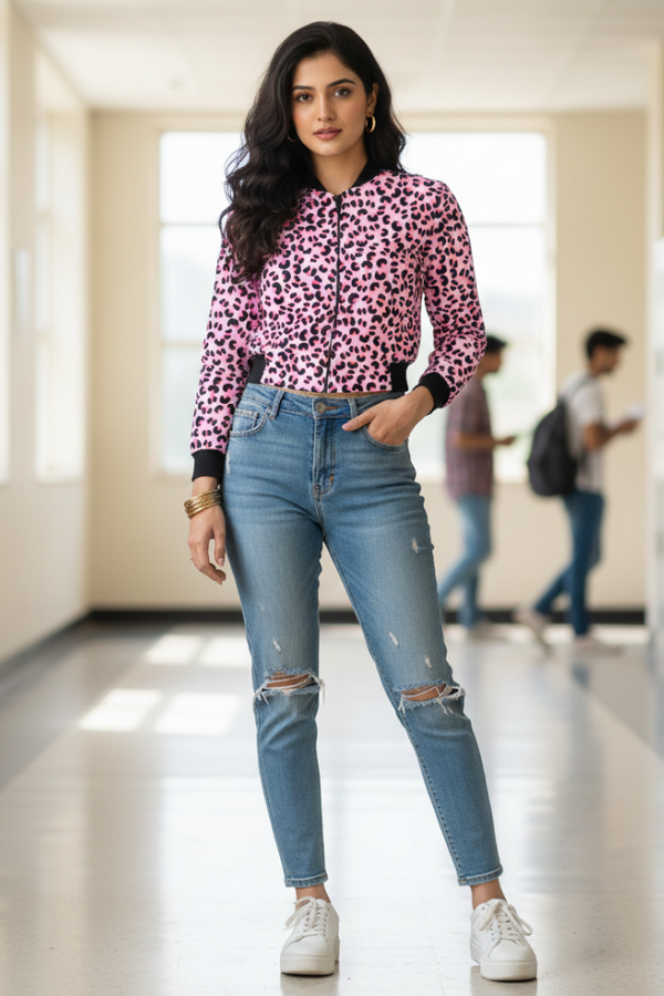 Zingleberry Premium Women’s Pink Jaguar Print AOP Bomber Jacket made from 240 GSM poly brushed fleece, styled with denim jeans for casual winter streetwear.