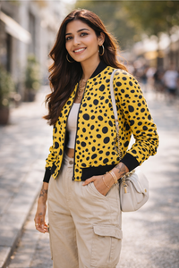 Woman model wearing premium zingleberry yellow and black polka dot jacket on a street. Closeup look
