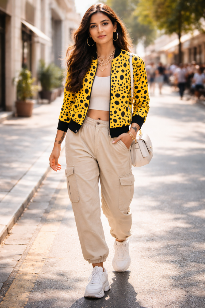Zingleberry premium women’s yellow abstract polka dot all over print bomber jacket with ribbed cuffs and zip closure styled with beige cargo pants