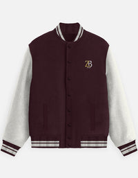 Zingleberry ZB logo varsity jacket front view, unisex premium cotton varsity jacket maroon and off-white