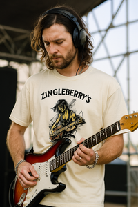 Male guitarist wearing Zingleberry's music-themed oversized t-shirt, playing electric guitar on stage with headphones – music fashion apparel for men