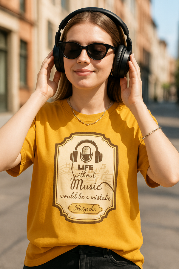 Female wearing Zingleberry's unisex oversized white t-shirt with life without music -themed art print, smiling with headphones and enjoying the music.